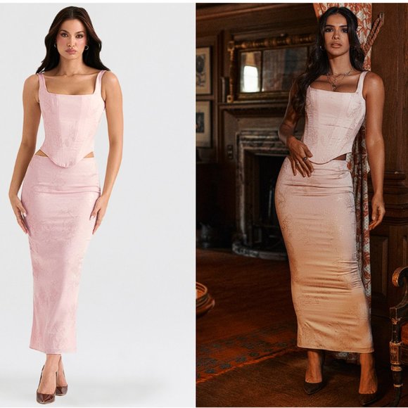 House of CB ‘Luisette’ Pink Metallic Floral Satin Midi Skirt NWOT - Picture 1 of 12